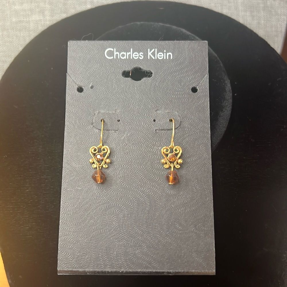 New Charles Klein Heart Shaped Gold Tone and Topaz Dangle Earrings